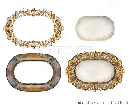 Old vintage frames, paper sheets and golden decorative ornaments in Victorian style. Set of design elements. Watercolor hand painted isolated illustration for wedding design, greeting card, invitation Old vintage frames, paper sheets and golden decorative ornaments in Victorian style. Set of design elements. Watercolor hand painted isolated illustration for wedding design, greeting card, invitation 134231635