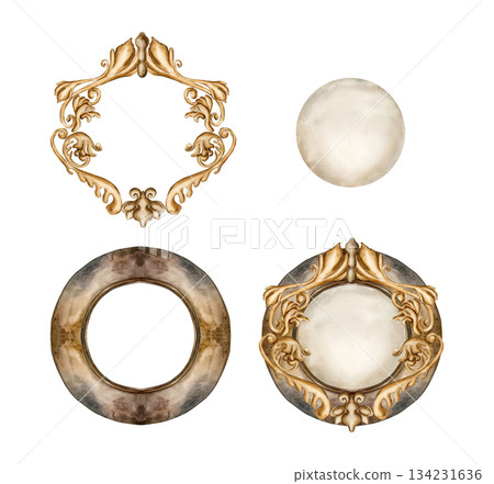 Old vintage frames, paper sheets and golden decorative ornaments in Victorian style. Set of design elements. Watercolor hand painted isolated illustration for wedding design, greeting card, invitation Old vintage frames, paper sheets and golden decorative ornaments in Victorian style. Set of design elements. Watercolor hand painted isolated illustration for wedding design, greeting card, invitation 134231636