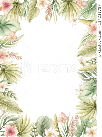 Monstera Palm Leaves Hibiscus Plumeria Flowers. Tropical Exotic frame. Watercolor hand painted summer pastel neutral isolated illustration on white background for nursery kids baby card logo label 134231787