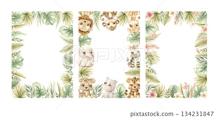Cute Tropical Animals and Exotic Plants Frames set. Watercolor hand painted summer pastel neutral illustration on white background for nursery safari design kids textile baby shower party cards Cute Tropical Animals and Exotic Plants Frames set. Watercolor hand painted summer pastel neutral illustration on white background for nursery safari design kids textile baby shower party cards 134231847