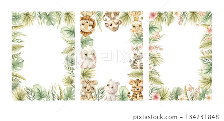Cute Tropical Animals and Exotic Plants Frames set. Watercolor hand painted summer pastel neutral illustration on white background for nursery safari design kids textile baby shower party cards 134231848
