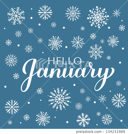 Hello January calligraphy hand lettering. Inspirational winter quote. Vector template for typography poster, banner, flyer, etc. Hello January calligraphy hand lettering. Inspirational winter quote. Vector template for typography poster, banner, flyer, etc. 134231989