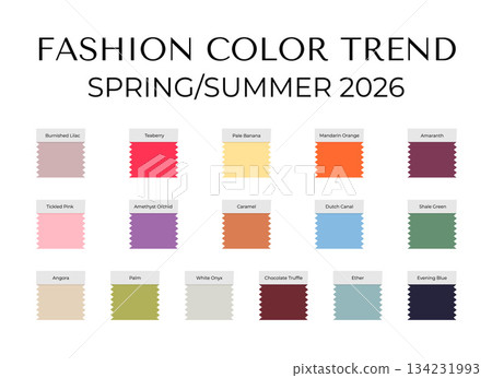 Fashion Color Trend Spring - Summer 2026. Trendy colors palette guide. Brush strokes of paint color with names swatches. Vector template for your creative designs. Fashion Color Trend Spring - Summer 2026. Trendy colors palette guide. Brush strokes of paint color with names swatches. Vector template for your creative designs. 134231993