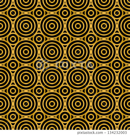 Black and gold concentric circles seamless pattern. Shiny background for Christmas or New Year designs. Golden abstract vector illustration. Black and gold concentric circles seamless pattern. Shiny background for Christmas or New Year designs. Golden abstract vector illustration. 134232003