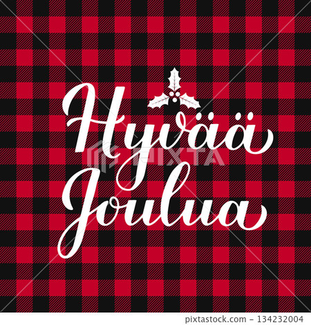 Hyv Joulua calligraphy hand lettering on red buffalo plaid background. Merry Christmas typography poster in Finnish. Vector template for greeting card, banner, flyer, etc. 134232004
