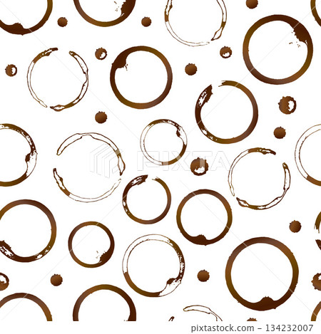 Coffee stains and drops seamless pattern. Brown shape of coffee cup bottom rings and splashes. Grunge circles and splatter. Vector background for fabric, textile, wallpaper, wrapping paper, etc. 134232007