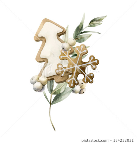 Gingerbread Christmas tree snowflake cookies with Eucalyptus branch Mistletoe berries. Watercolor hand drawn isolated illustration on white background for winter New Year design cards holiday print Gingerbread Christmas tree snowflake cookies with Eucalyptus branch Mistletoe berries. Watercolor hand drawn isolated illustration on white background for winter New Year design cards holiday print 134232031