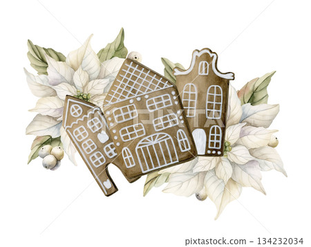 Gingerbread house cookie with Poinsettia flowers and Mistletoe berries. Watercolor hand drawn isolated illustration on white background for winter Christmas New Year design cards holiday print textile 134232034