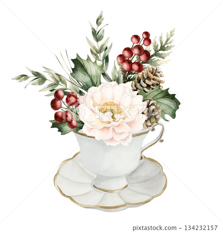 White Peony with Pine Cones Holly Berry Eucalyptus in porcelain cup saucer. Winter arrangement. Watercolor hand drawn isolated illustration on white for Christmas New Year design cards holiday print White Peony with Pine Cones Holly Berry Eucalyptus in porcelain cup saucer. Winter arrangement. Watercolor hand drawn isolated illustration on white for Christmas New Year design cards holiday print 134232157