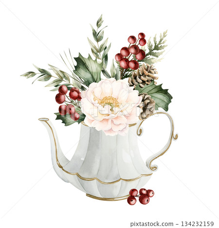 White Peony with Pine Cones Holly Berry Eucalyptus in porcelain teapot. Winter arrangement. Watercolor hand drawn isolated illustration on white for Christmas New Year design cards cozy holiday print White Peony with Pine Cones Holly Berry Eucalyptus in porcelain teapot. Winter arrangement. Watercolor hand drawn isolated illustration on white for Christmas New Year design cards cozy holiday print 134232159