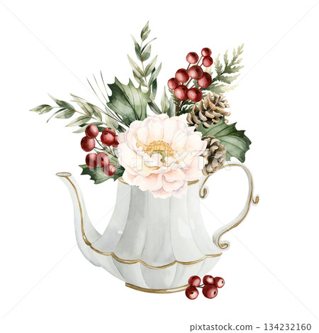 White Peony with Pine Cones Holly Berry Eucalyptus in porcelain teapot. Winter arrangement. Watercolor hand drawn isolated illustration on white for Christmas New Year design cards cozy holiday print White Peony with Pine Cones Holly Berry Eucalyptus in porcelain teapot. Winter arrangement. Watercolor hand drawn isolated illustration on white for Christmas New Year design cards cozy holiday print 134232160