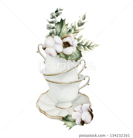 Cotton Eucalyptus Holly berry leaves in white porcelain cups. Winter Watercolor hand drawn isolated illustration on white background for Christmas New Year design cards holiday print cozy home textile 134232161