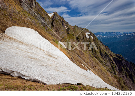View of the remaining snow on the Nishikuro Ridge of Mt. Tanigawa and Mt. Makihata 134232180