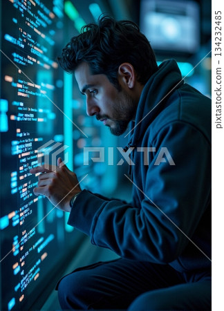 AI generated Male security expert concentrates deeply while examining complex server code AI generated Male security expert concentrates deeply while examining complex server code 134232485