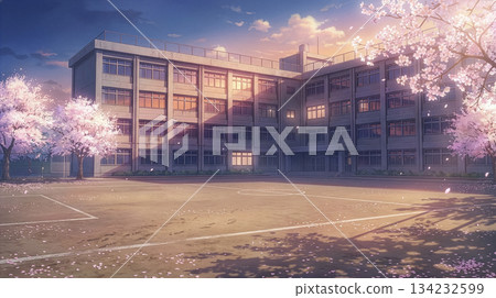 春日傍晚，放學後的學校建築和安靜的操場。 134232599