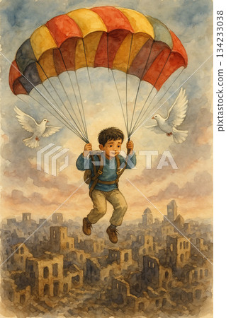 降落傘小男孩與白鴿 水彩希望插畫 廢墟上空的溫暖飛行 134233038
