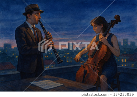 A rooftop nighttime duet: a watercolor-style performance of clarinet and cello by a male and female musician. 134233039