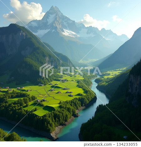AI generated Silent mountainous depression filled with lush meadows and twisting river 134233055