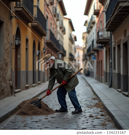 AI generated Elderly caucasian caretaker raking leaves on cobblestone street AI generated Elderly caucasian caretaker raking leaves on cobblestone street 134233167