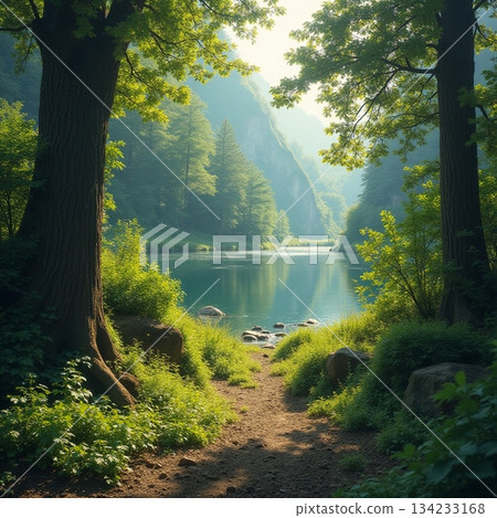 AI generated Morning mist envelops lush greenery as distant mountains reflect on still 134233168