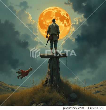 AI generated An isolated individual produces shadow on broad grassy plain lit by moon 134233170