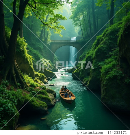 AI generated Serene environment with covered banks and gentle fog surrounding stone 134233171