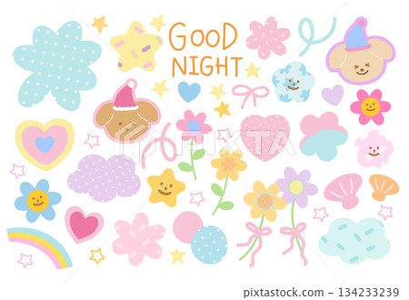 Pastel cute icons such as flowers, stars, puppy, heart, various shapes for text bubbles sign, symbol, blank space, text, messages, stickers, cartoon, floral, decoration, abstract doodles, animals, pet 134233239