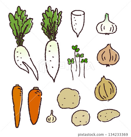 Hand drawn set of everyday vegetables Hand drawn set of everyday vegetables 134233369