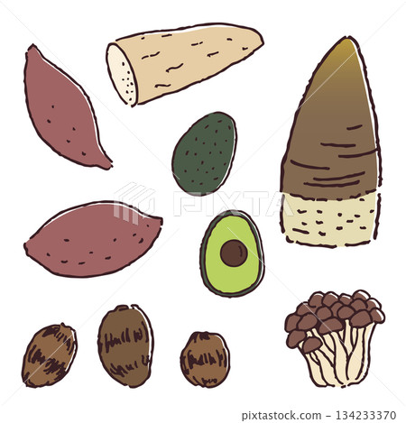 手繪蔬菜：馬鈴薯、蘑菇、酪梨、竹筍 134233370