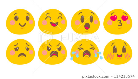 Vector set of emoji in cute kawaii flat design style. Vector smiles in flat style. Different moods. Vector set of emoji in cute kawaii flat design style. Vector smiles in flat style. Different moods. 134233574