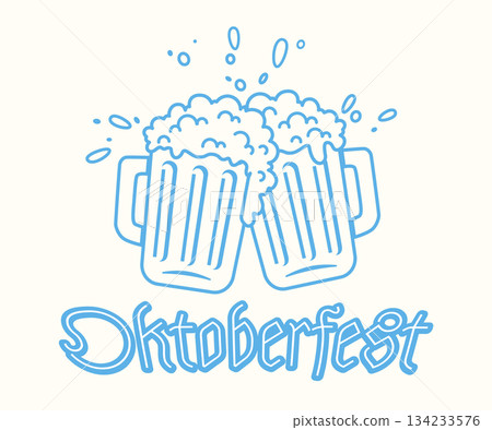 Vector vintage poster of two beer mugs for Oktoberfest. Vintage illustration of two beer mugs in retro style. Vector vintage poster of two beer mugs for Oktoberfest. Vintage illustration of two beer mugs in retro style. 134233576