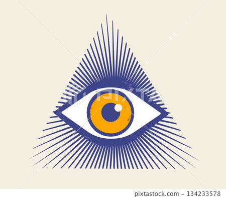 Vector illustration of pyramid with eye in retro vintage style. All seeing eye. Vector illustration of pyramid with eye in retro vintage style. All seeing eye. 134233578