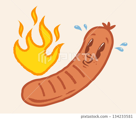 Vector illustration of a funny sausage with flame in retro groovy style. Cartoon of spicy sausagefor BBQ in vintage style. 134233581