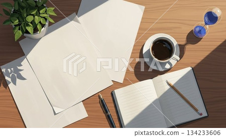 從高空俯瞰小說家的書桌，一個寧靜的寫作和構思場景。 134233606