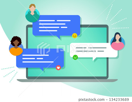 Chat communication using the Internet, computer and person, online connection Chat communication using the Internet, computer and person, online connection 134233689