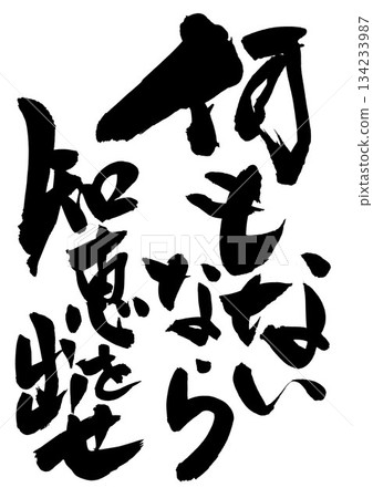 如果你一無所有，那就運用你的智慧……用毛筆書法材料書寫的插圖文字。文字，毛筆書法，手寫。 134233987