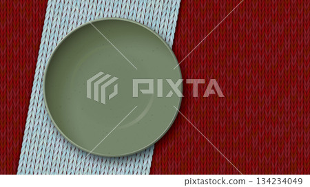 Top view of empty green bowl with placed on a light blue placemat on a red tablecloth background Top view of empty green bowl with placed on a light blue placemat on a red tablecloth background 134234049
