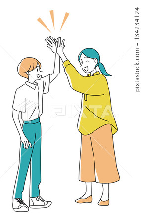 Illustration of a Japanese family giving a high five to their children | Joy, success, growth Illustration of a Japanese family giving a high five to their children | Joy, success, growth 134234124