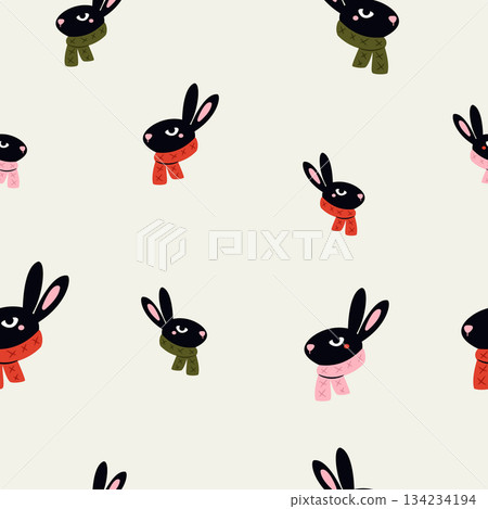Cute Black Rabbit Seamless Pattern with Red and Pink Winter Scarves on Pale Background Cute Black Rabbit Seamless Pattern with Red and Pink Winter Scarves on Pale Background 134234194
