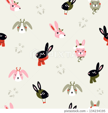 Cute Cartoon Christmas Rabbit Seamless Pattern with Antlers, Scarves, and Footprints Cute Cartoon Christmas Rabbit Seamless Pattern with Antlers, Scarves, and Footprints 134234195
