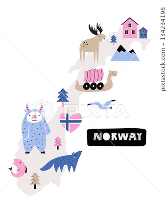 Cute Norway Map with Scandinavian Icons. Vector Illustration for Posters, Stickers, and Travel Designs 134234198
