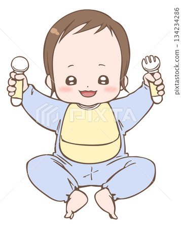 Illustration material: Baby (boy) happy with a spoon and fork 134234286
