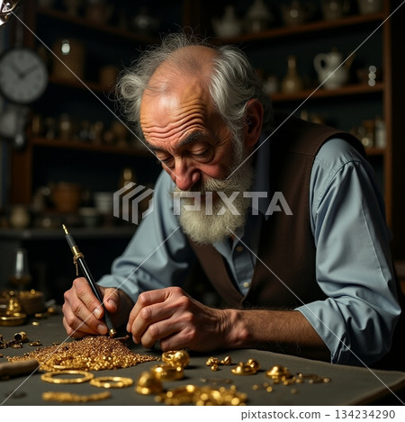 AI generated Elderly craftsman meticulously fixing intricate pendant with precision tools AI generated Elderly craftsman meticulously fixing intricate pendant with precision tools 134234290