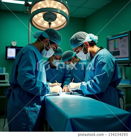 AI generated Surgical team performing critical operation with focused teamwork AI generated Surgical team performing critical operation with focused teamwork 134234293
