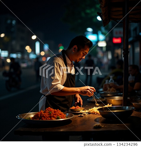 AI generated Talented cook skillfully places decorative accents in bustling nightlife AI generated Talented cook skillfully places decorative accents in bustling nightlife 134234296