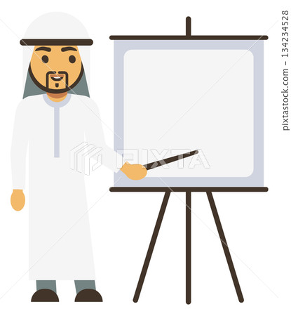 A man in a white robe stands in front of a white board with a pointer A man in a white robe stands in front of a white board with a pointer 134234528