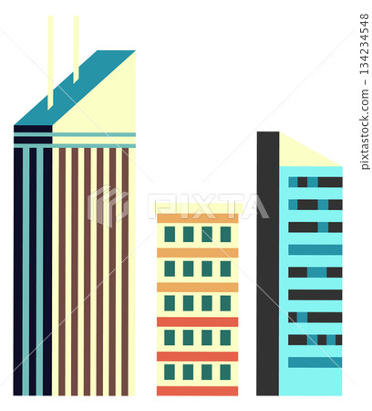 Three tall buildings with a blue one in the middle Three tall buildings with a blue one in the middle 134234548