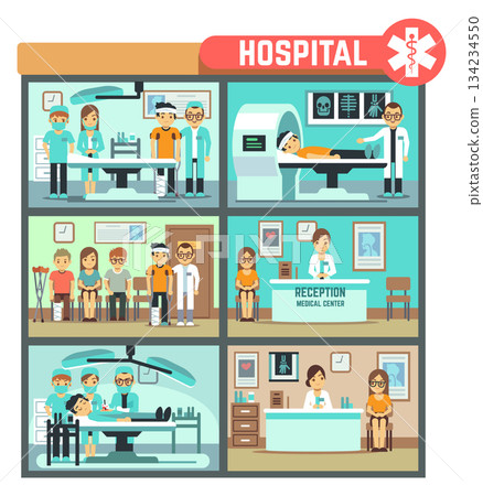 A hospital with a reception center and a medical center 134234550