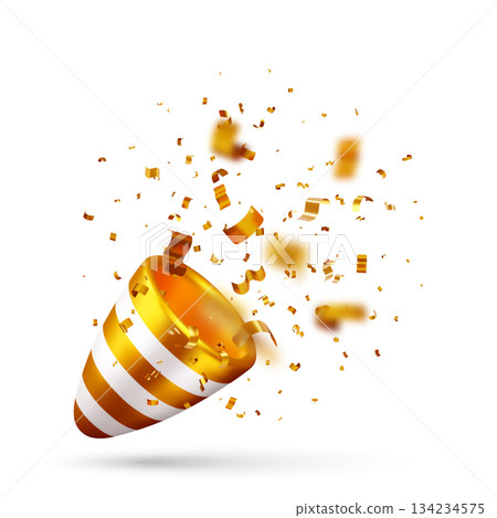 3D Golden party popper with confetti flying 134234575