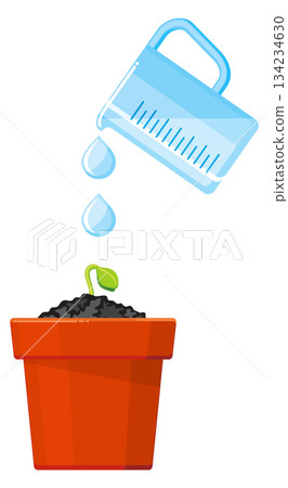 A plant is being watered from a measuring cup A plant is being watered from a measuring cup 134234630